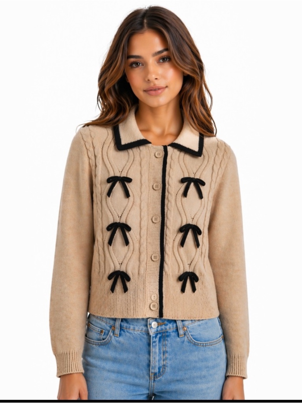 Beige Cable Knit Bow Sweater Button Up Cardigan Size L IRIS LA NWT